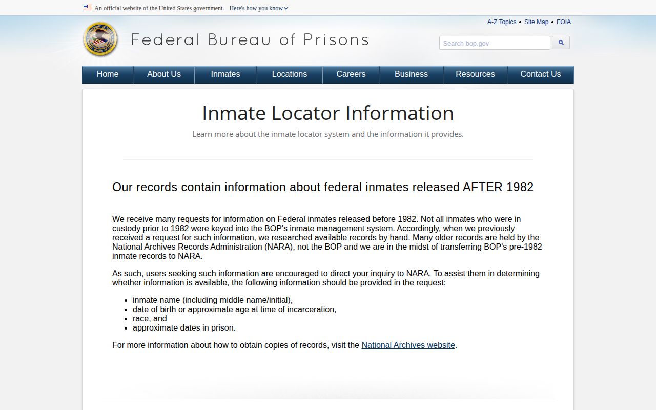 Federal BOP locator released and not in BOP custody status for Sumter County release research