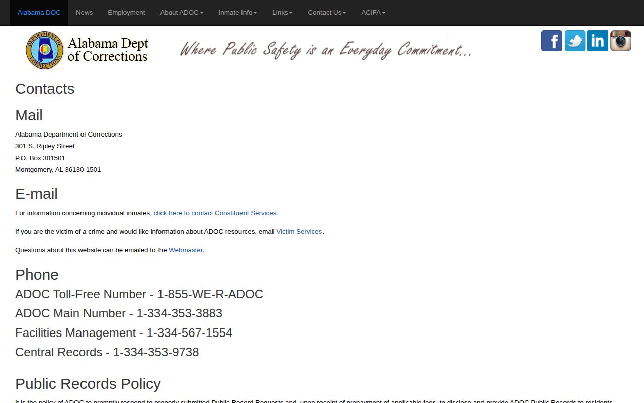 Sumter County released inmates ADOC records contact page