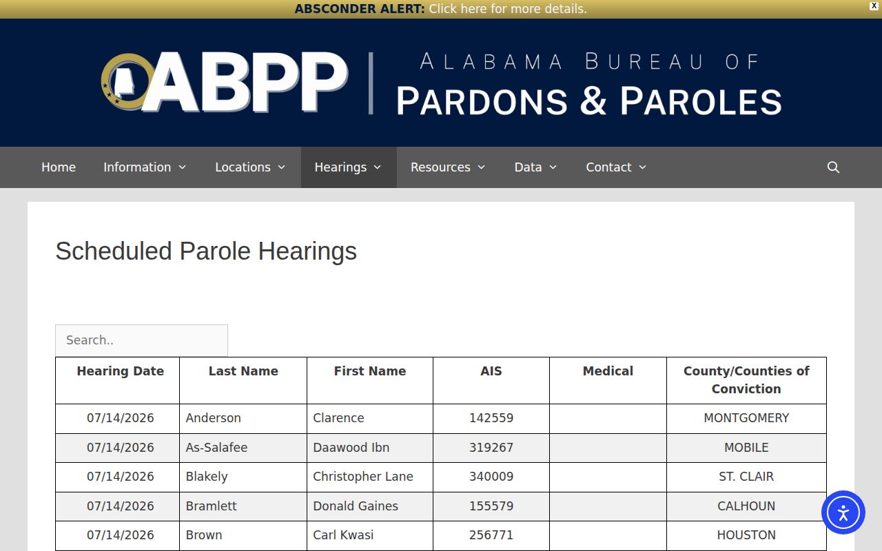 Sumter County release date lookup ABPP scheduled parole hearings